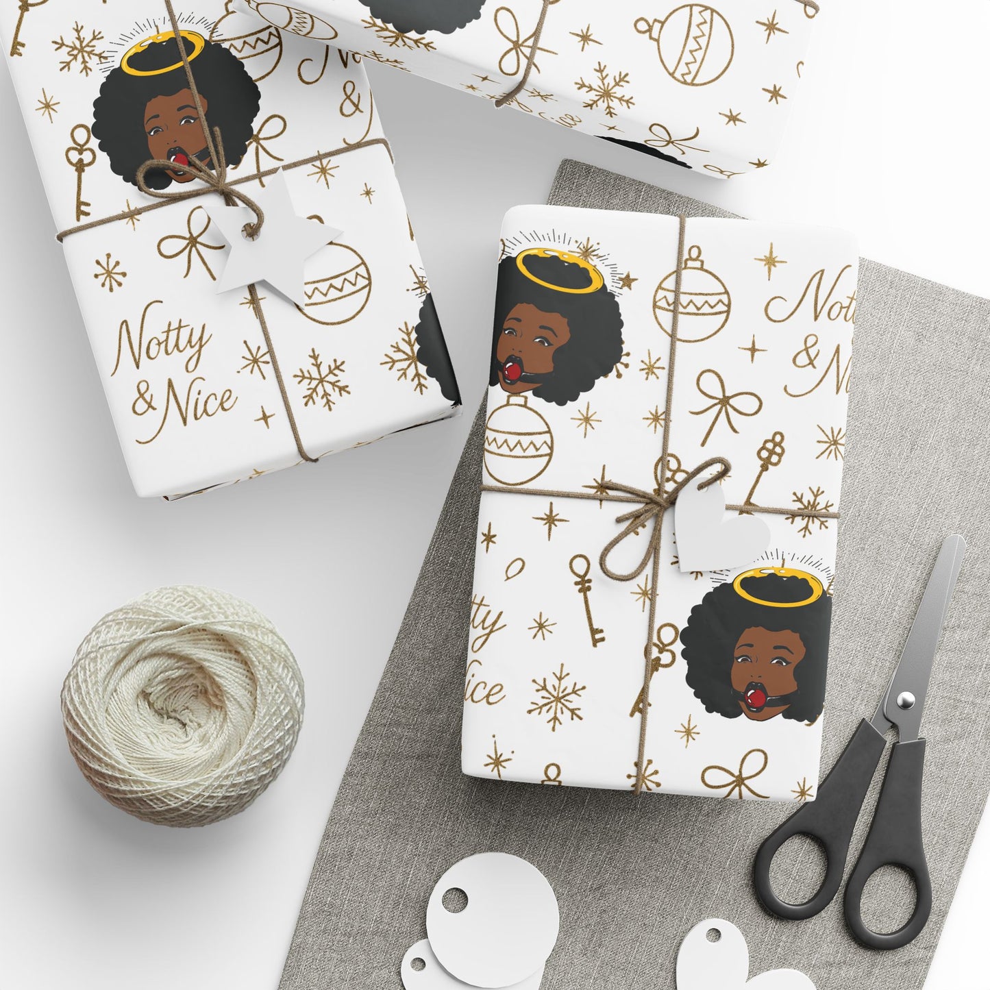 Holiday White & Gold Wrapping Paper — 'Notty & Nice' Festive Gift Wrap