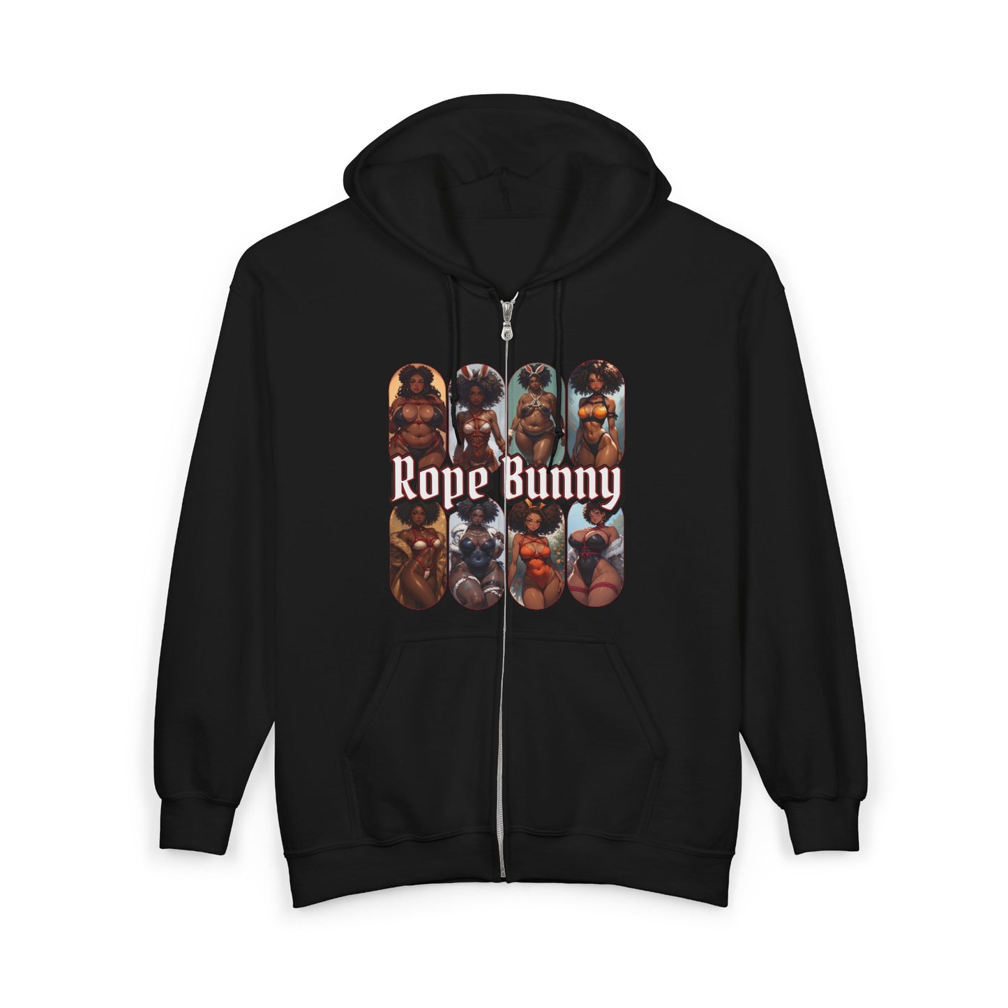 Rope Bunny Zip Hoodie – Vintage Bondage Collage Graphic Hoodie