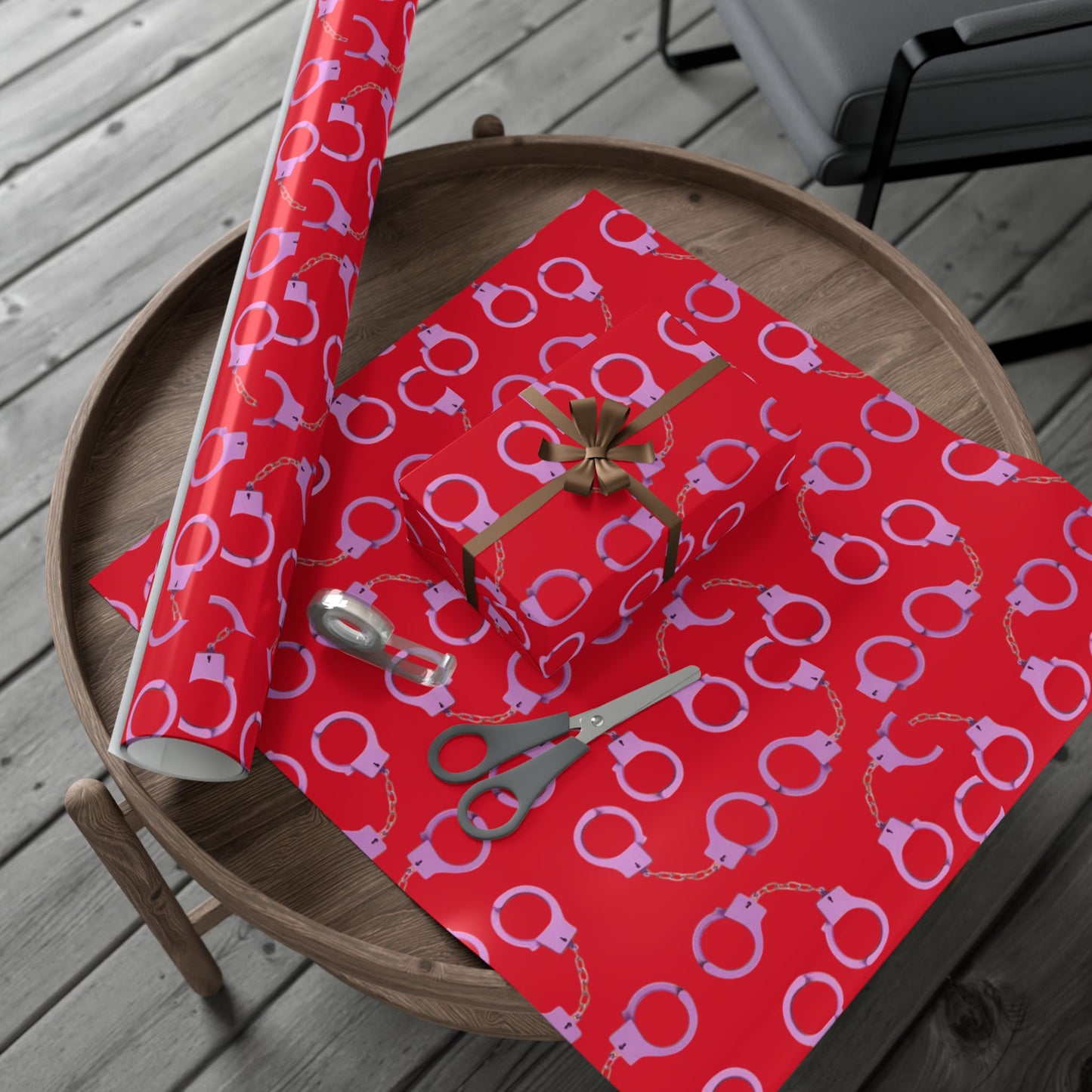Handcuff Pattern Gift Wrap Paper — Red Novelty Wrapping for Bachelorette, Gag Gifts & Parties