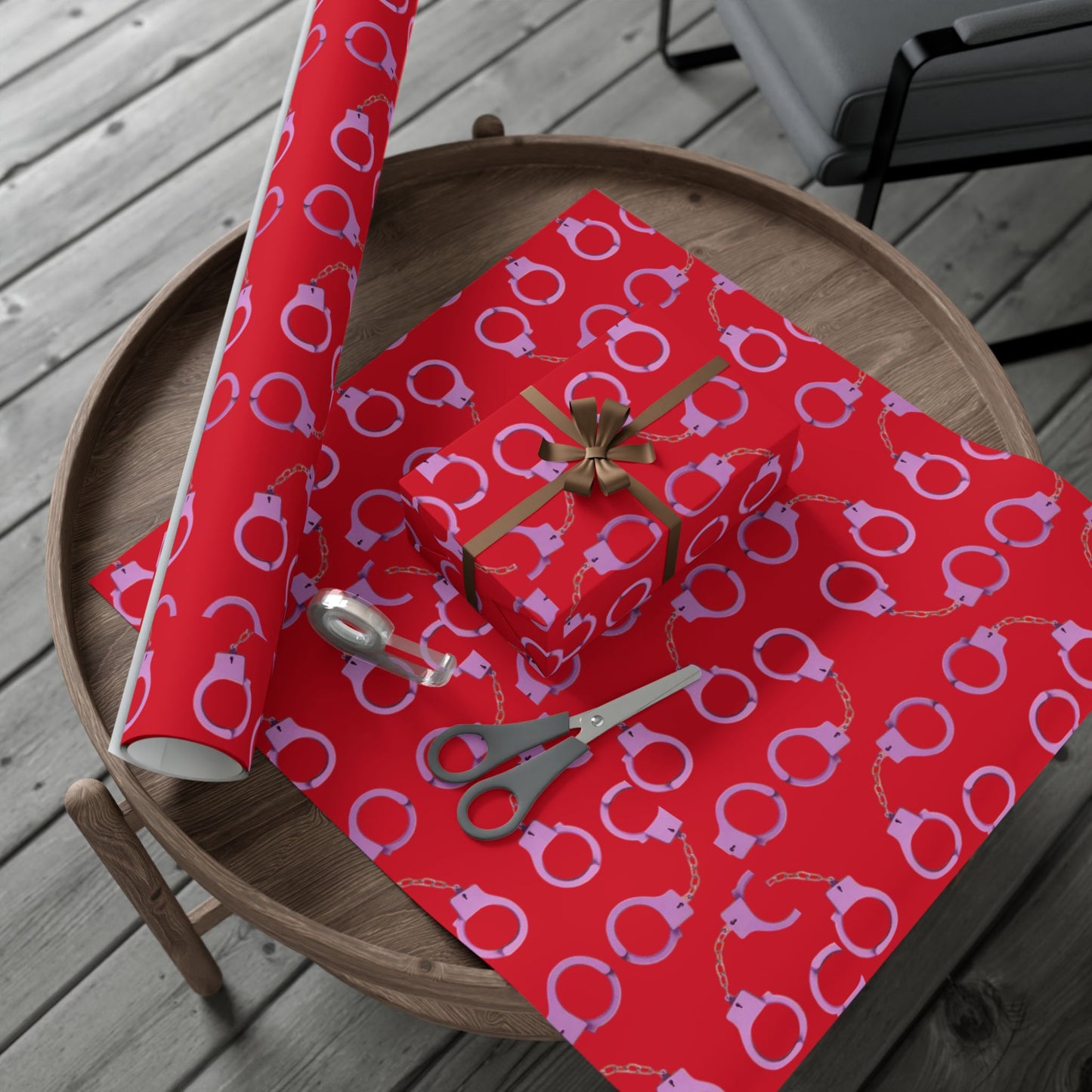 Handcuff Pattern Gift Wrap Paper — Red Novelty Wrapping for Bachelorette, Gag Gifts & Parties