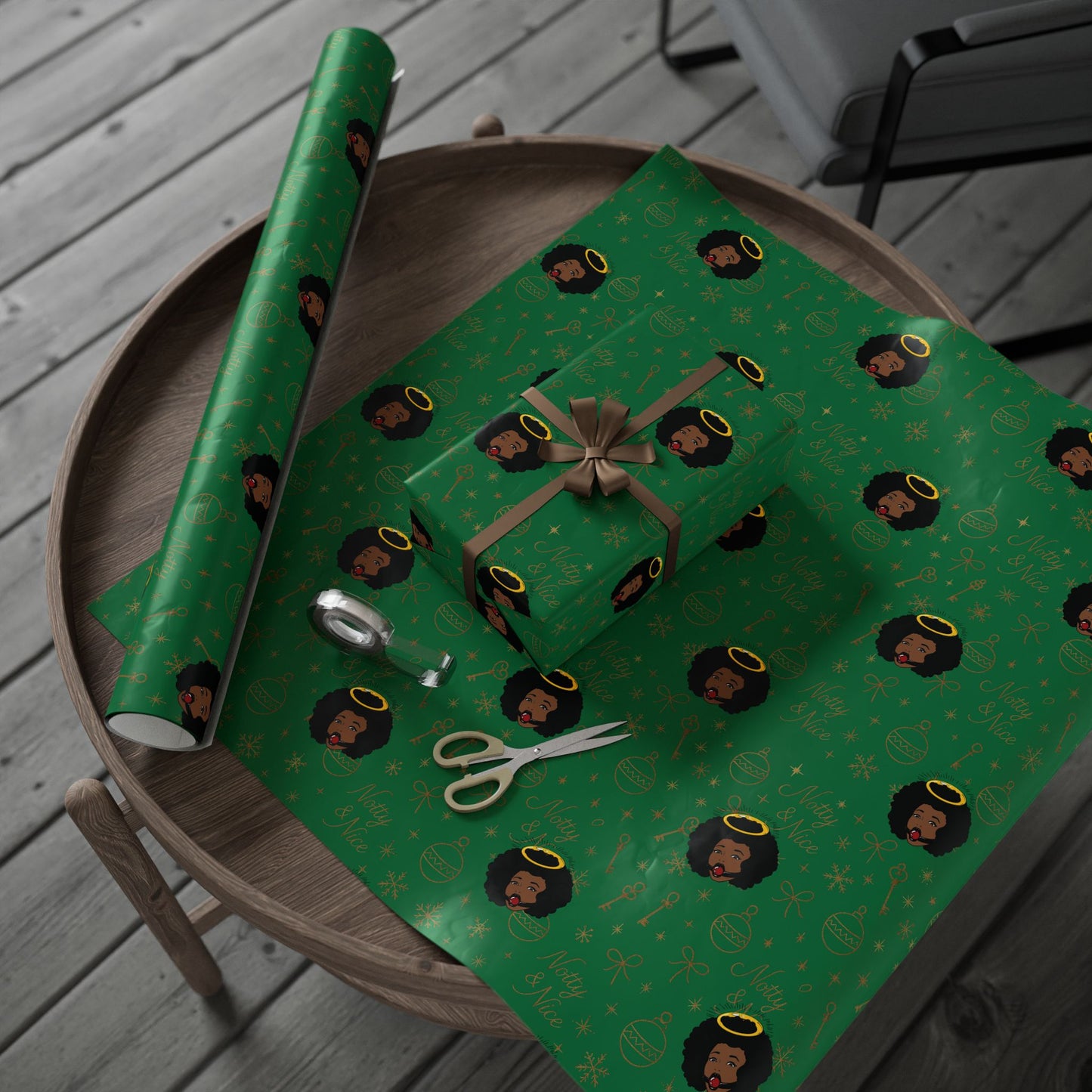 Holiday Green & Gold Wrapping Paper — 'Notty & Nice' Festive Gift Wrap