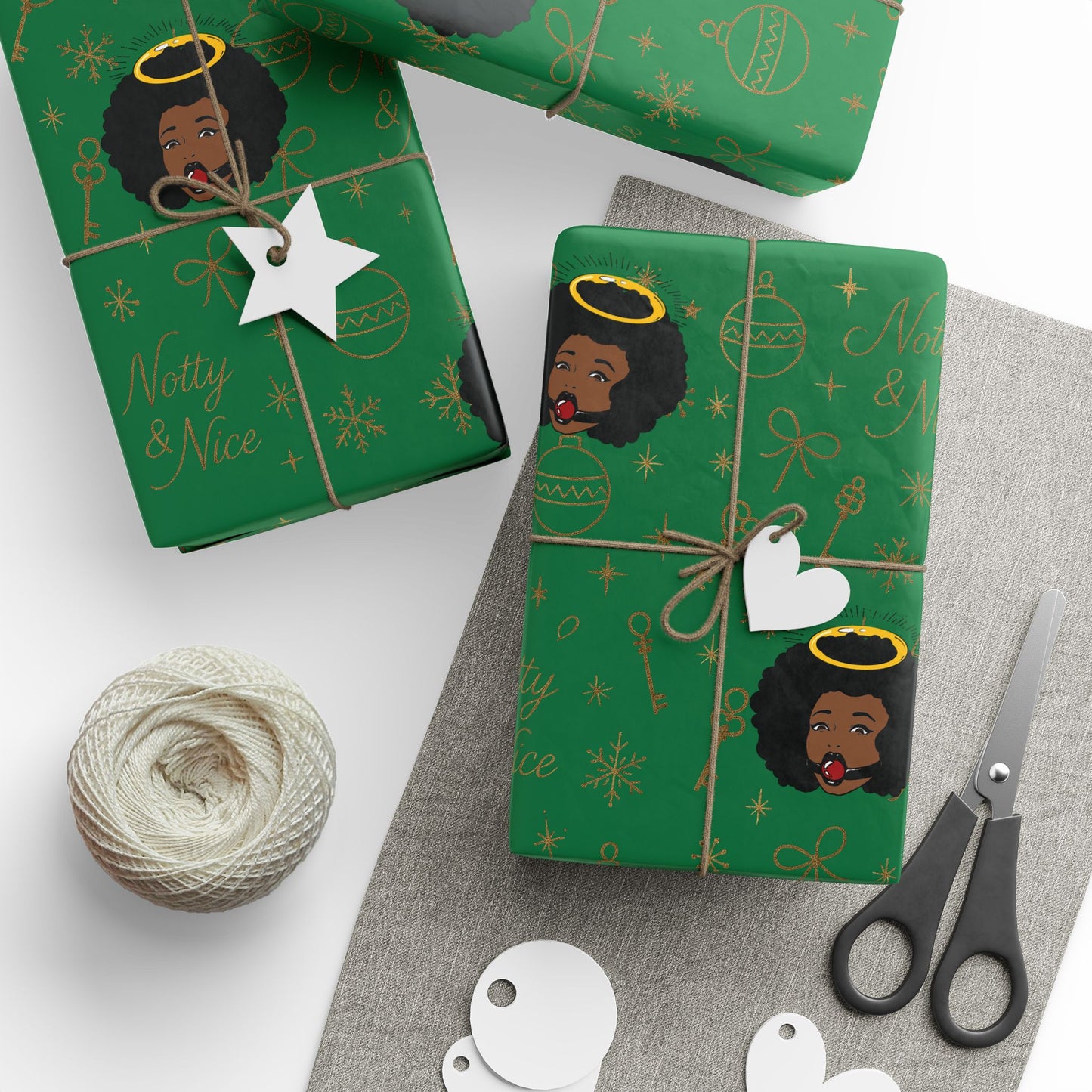 Holiday Green & Gold Wrapping Paper — 'Notty & Nice' Festive Gift Wrap