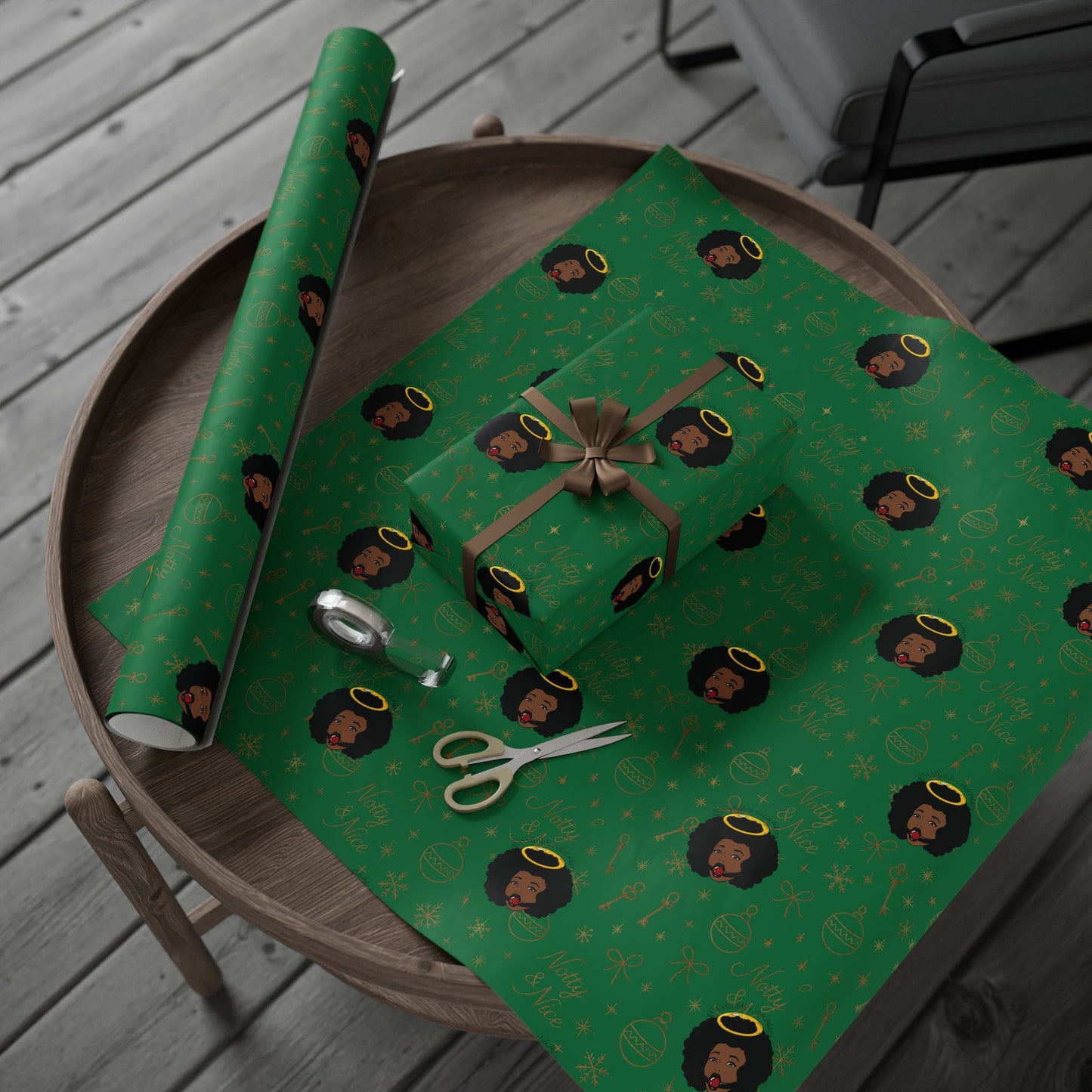 Holiday Green & Gold Wrapping Paper — 'Notty & Nice' Festive Gift Wrap