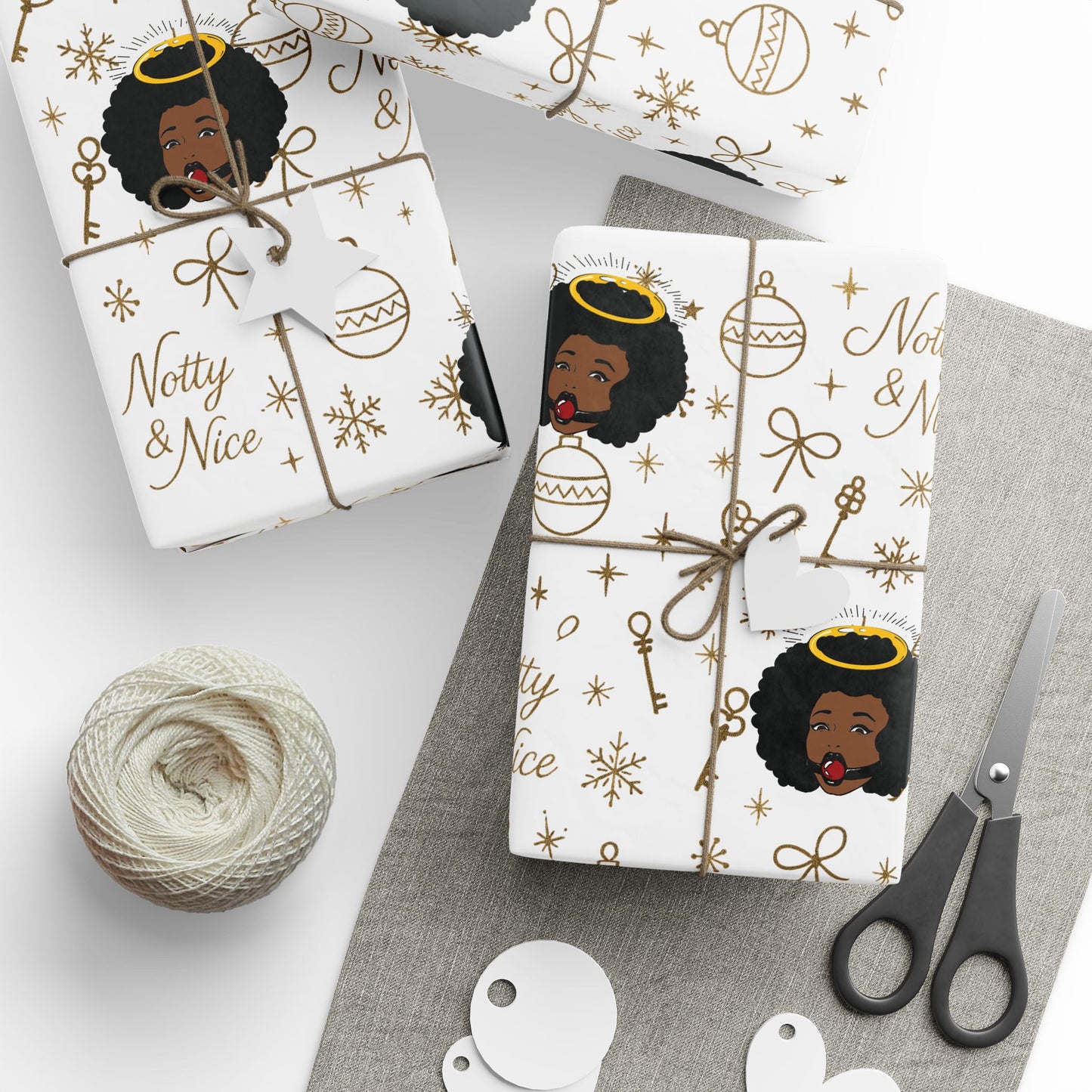 Holiday White & Gold Wrapping Paper — 'Notty & Nice' Festive Gift Wrap
