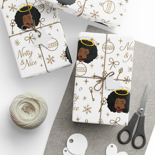 Holiday White & Gold Wrapping Paper — 'Notty & Nice' Festive Gift Wrap