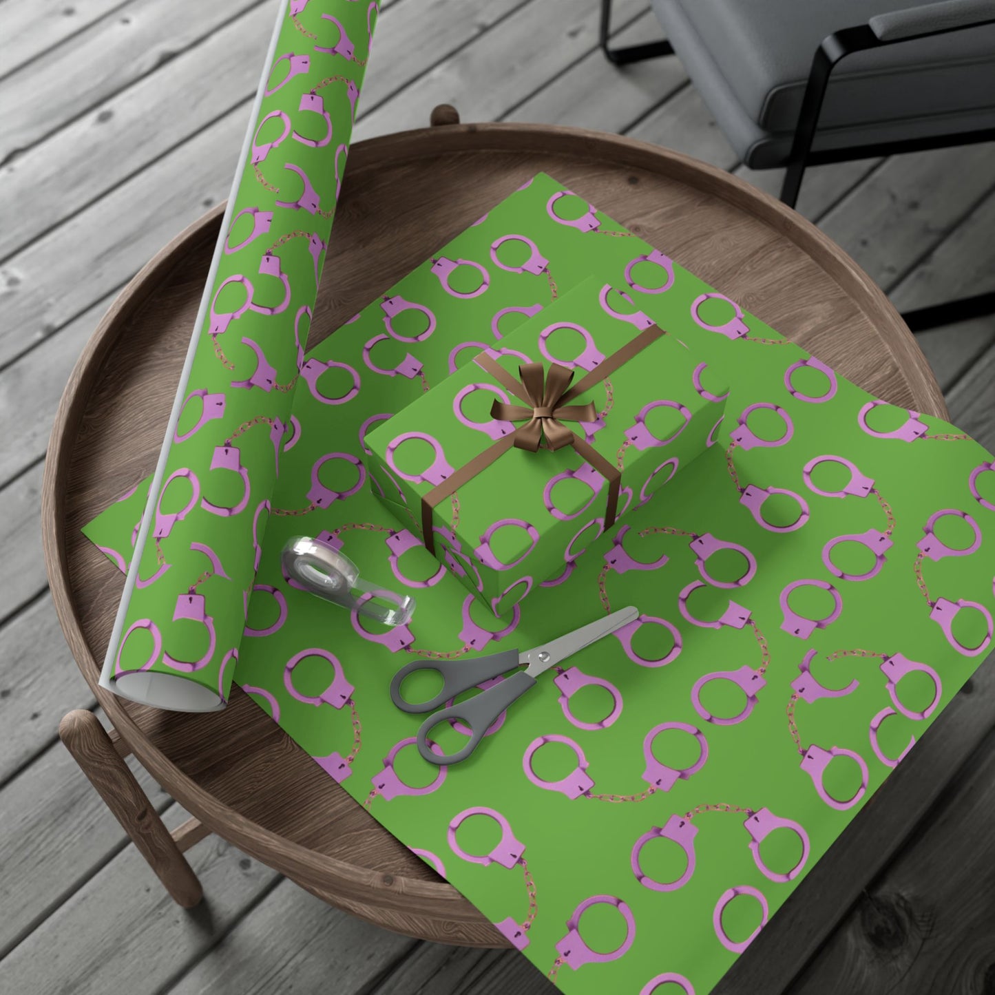 Green and Pink Handcuff Pattern Gift Wrap Paper — Novelty Wrapping for Bachelorette, Gag Gifts & Parties