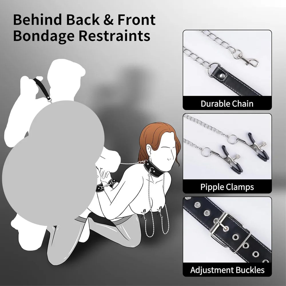 Adjustable Bondage Restraints| Neck to Back with Traction Chain Back Handcuffs & Collar
