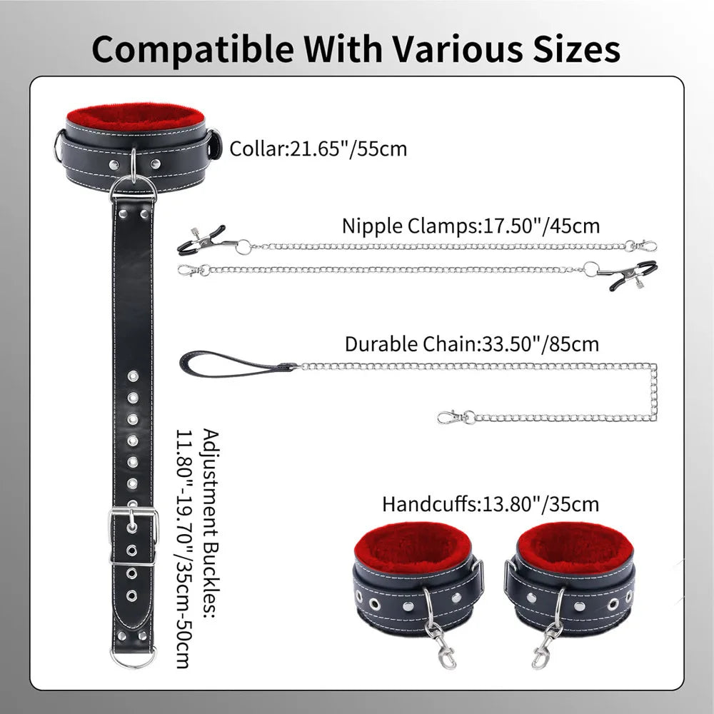 Adjustable Bondage Restraints| Neck to Back with Traction Chain Back Handcuffs & Collar